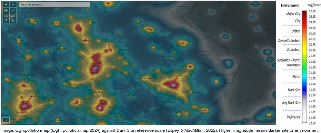 Light pollution maps shows areas with little or with excessive light.